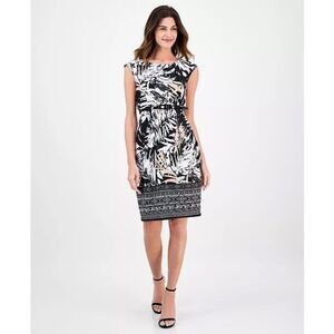Connected Apparel Palm Leaf Print Ottoman Sheath Dress Black Pink Size 14